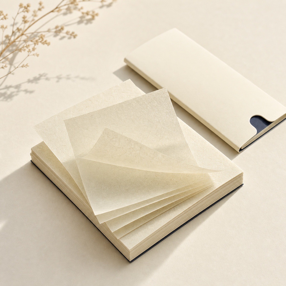 Natural-fibre oil blotting paper booklet with visible fibre texture