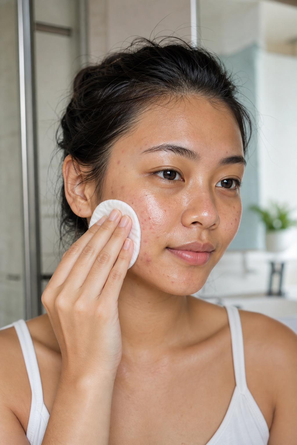 swiping an azelaic brightening pad across her cheek