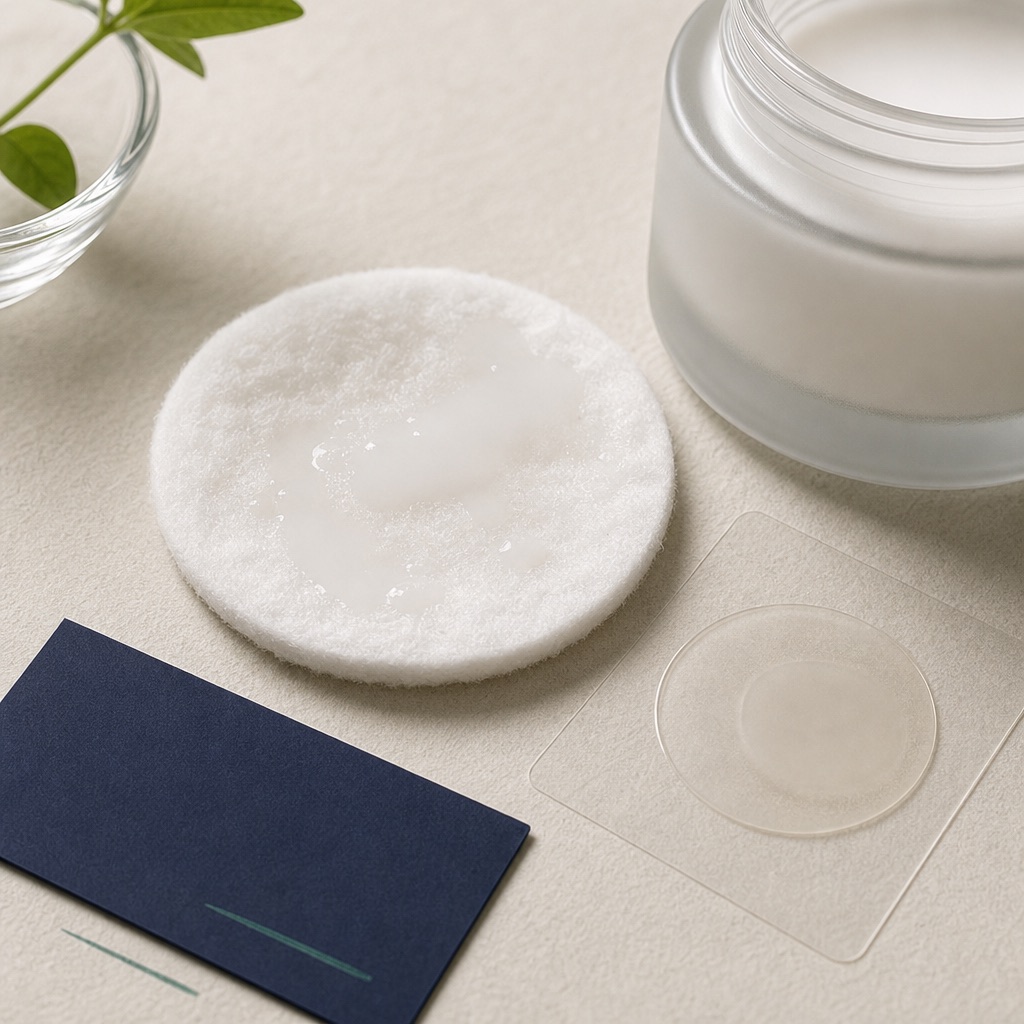 a round white cotton pad soaked in milky ceramide essence beside a jar and a translucent hydrocolloid patch