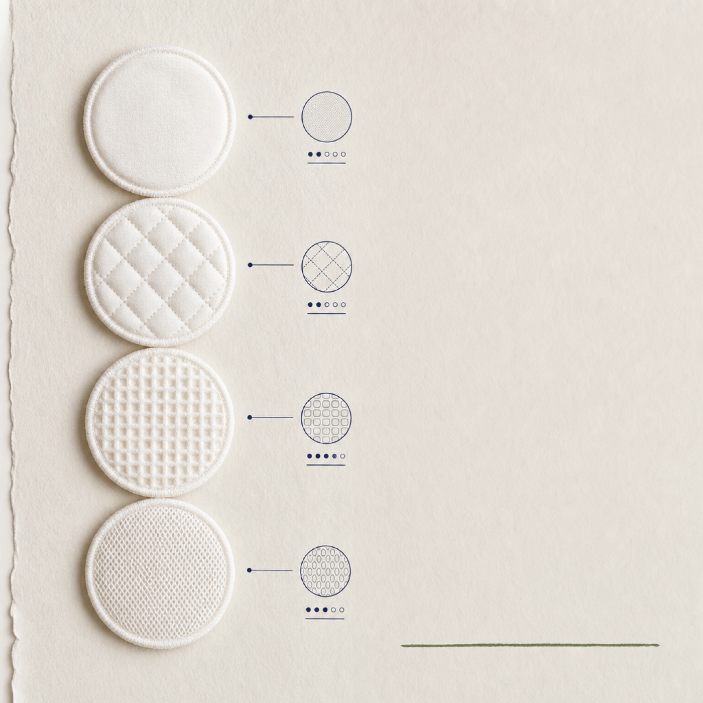 four cotton pad substrate textures — smooth, quilted, waffle-embossed and mesh