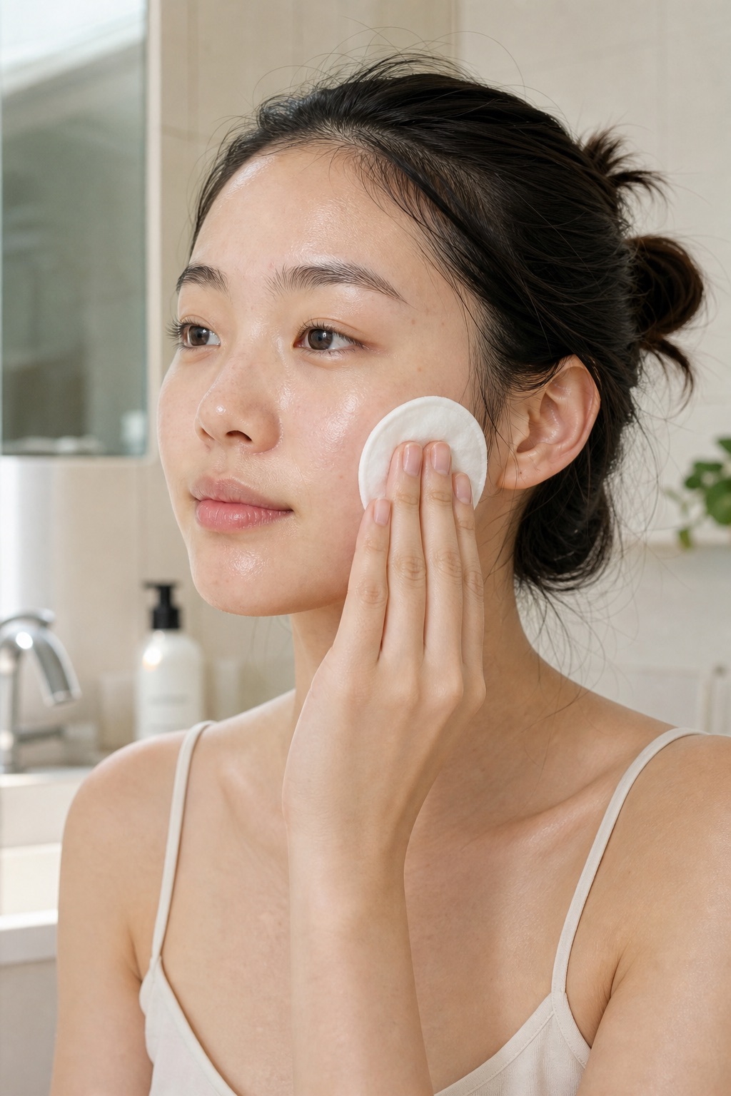 Pressing an ectoin soothing pad onto the cheek — sensitised oily skin