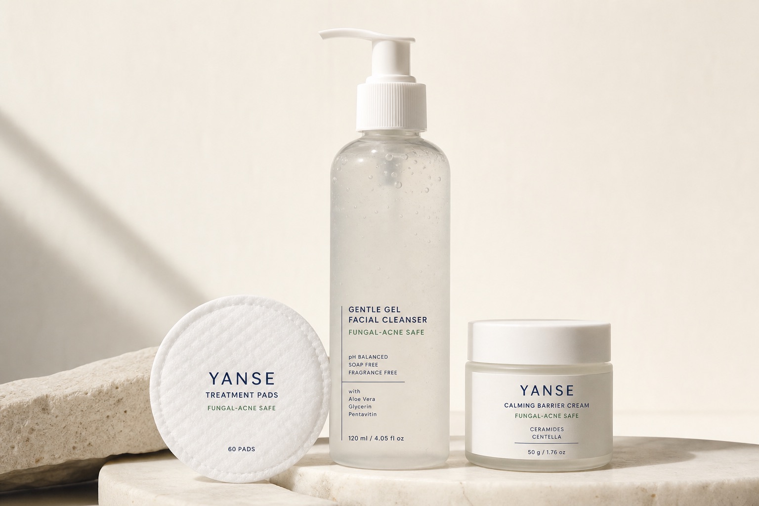 Fungal-acne-safe gel cleanser and treatment pad