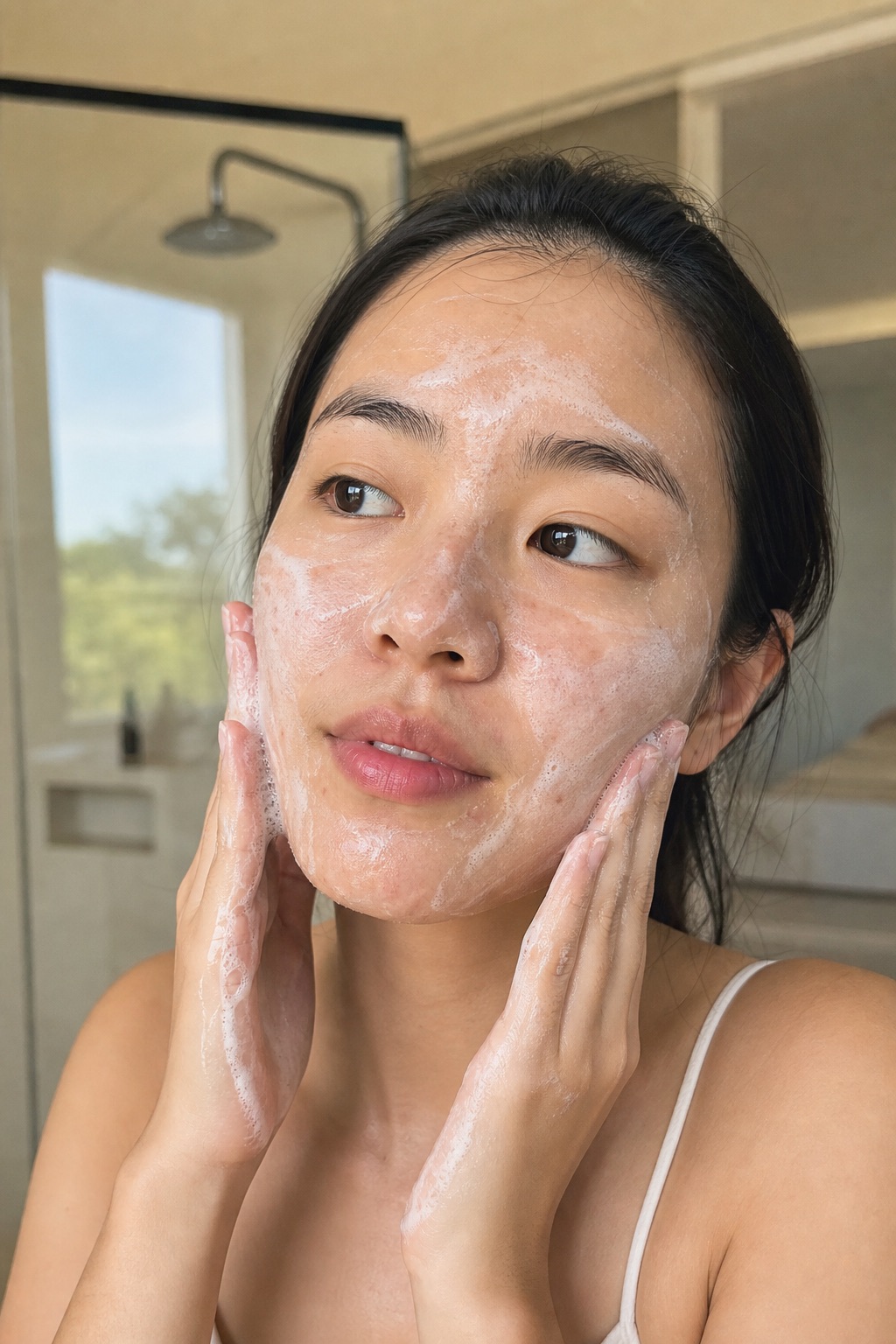 massaging light cleanser foam over her face