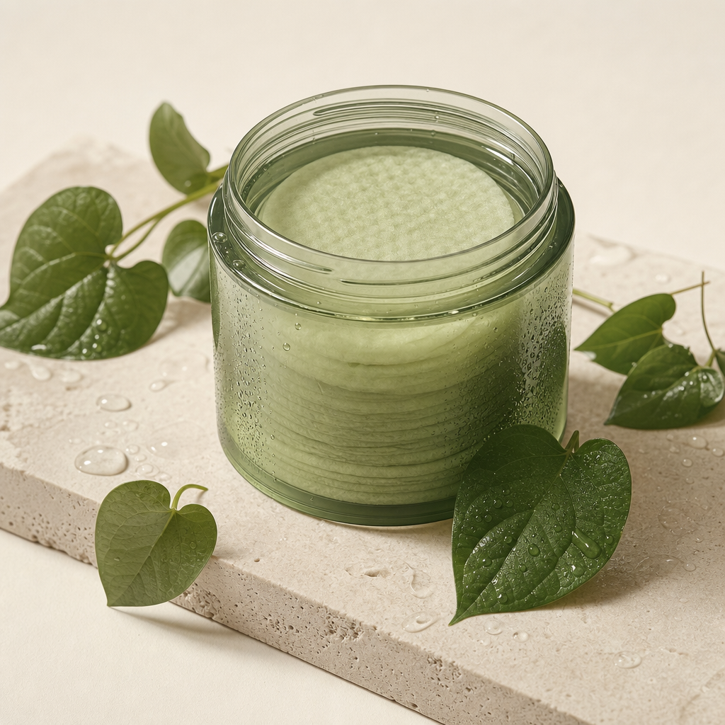 Pressing a heartleaf soothing pad onto the cheek — oily sensitised skin