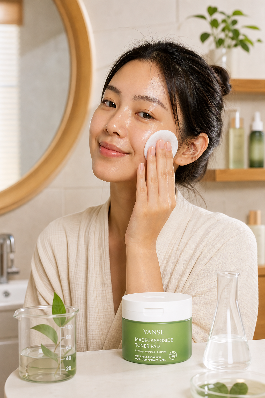 gently swiping a madecassoside cica soothing pad across the cheek
