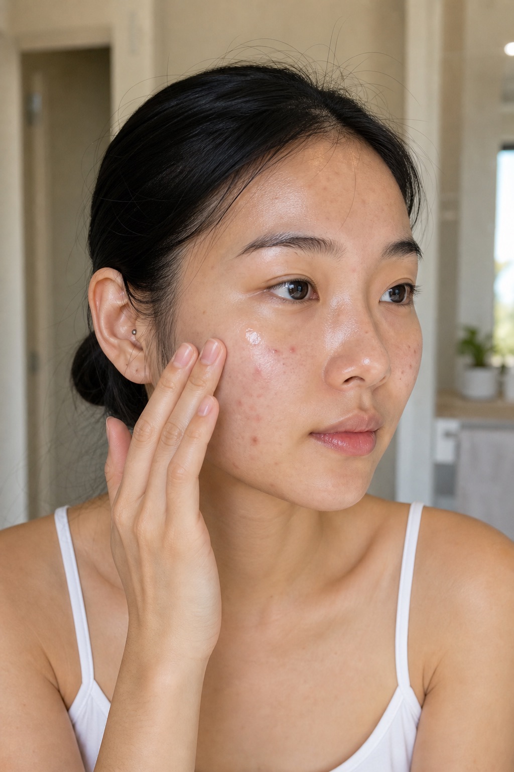 patting a brightening serum over a dark spot on her cheek