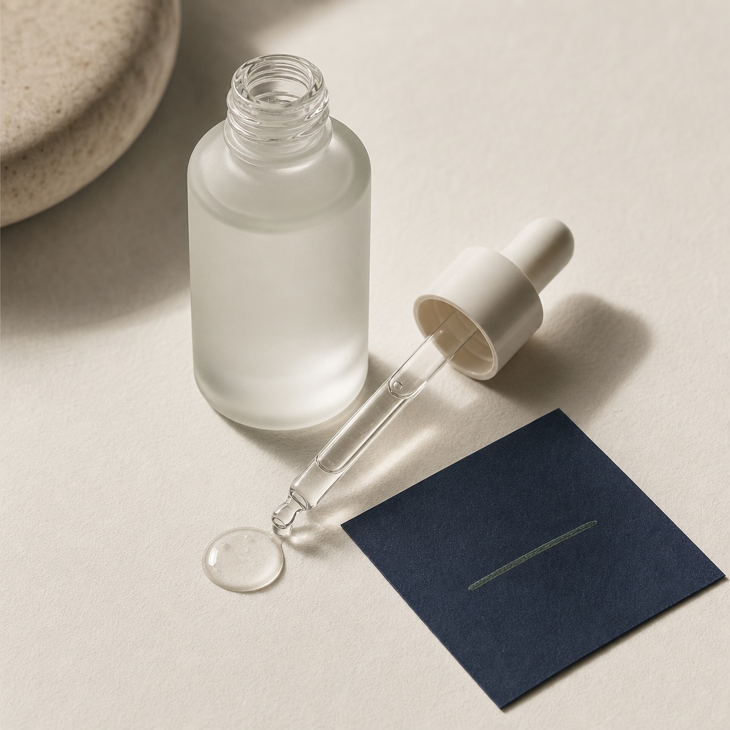 a frosted glass dropper bottle of brightening serum with a glass dropper and a clear drop