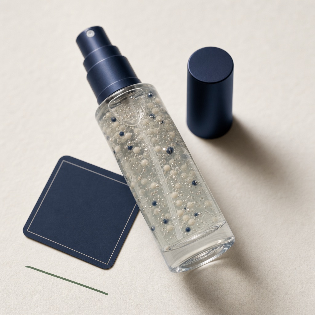 a clear mist bottle filled with essence and tiny suspended capsule beads and a navy mist nozzle
