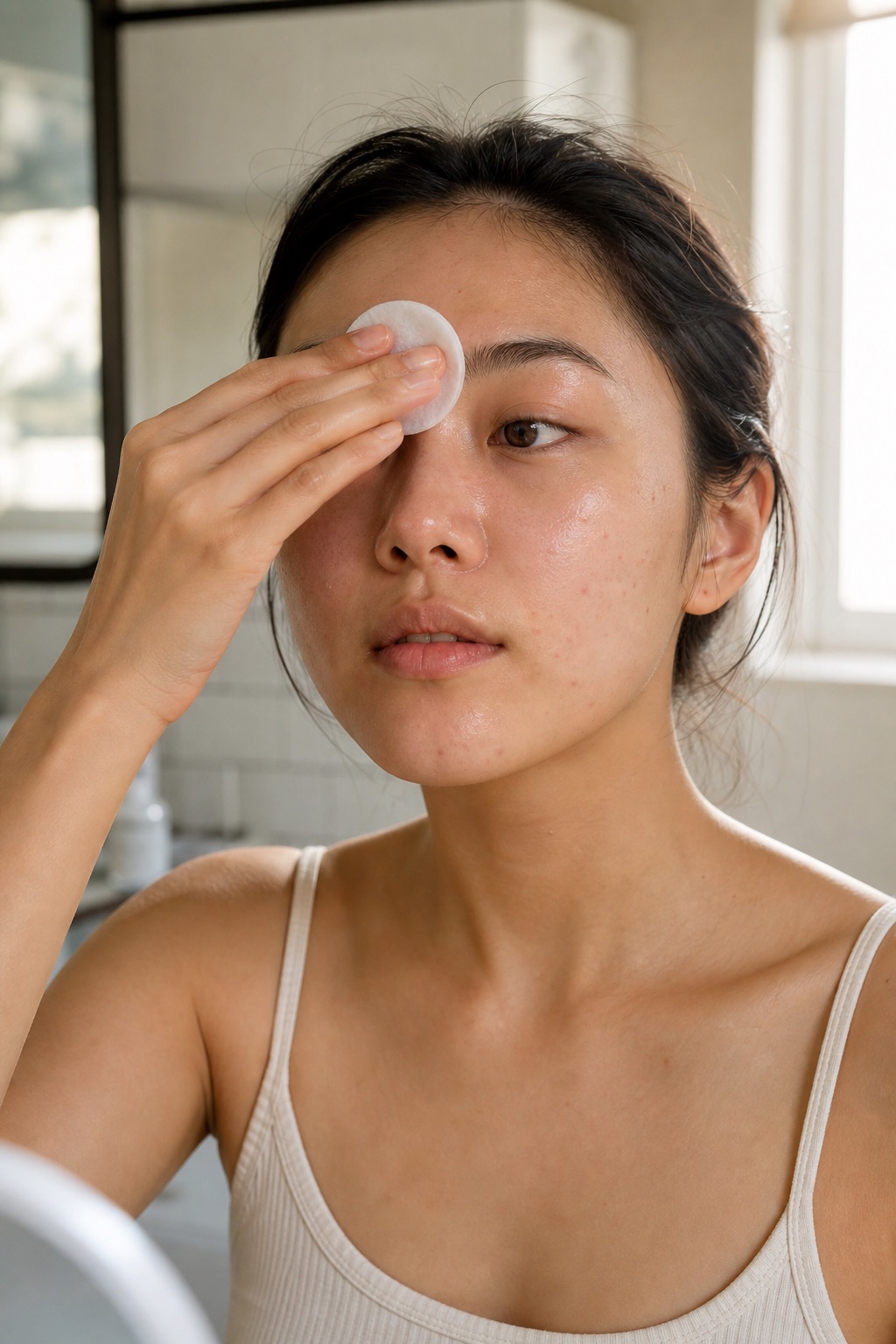 swiping a salicylic acid exfoliating pad across her T-zone