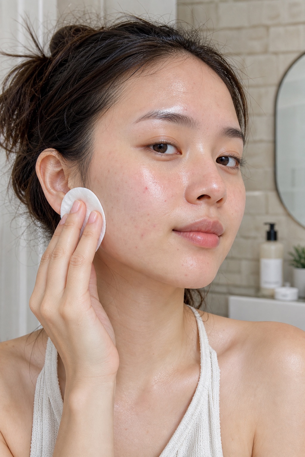 pressing a snail-mucin essence cotton pad to her cheek